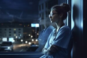 nurse thinking by the hospital window at night